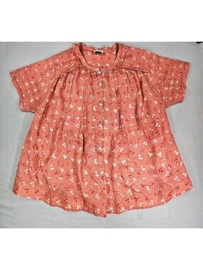Wrap London Womens 14 100% Linen Blouse Coral Print Pintuck Boho Button Front